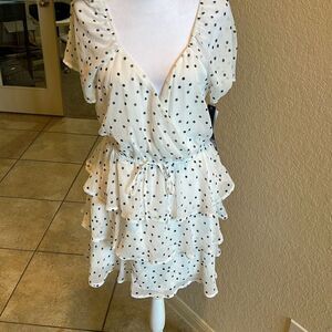 Trixxi Women's L Wrap Front Tiered Ruffle Mini Dress White Navy Polka Dot New